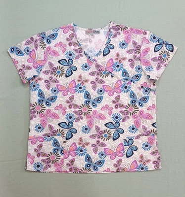 MetroScrubs Medical Scrub Butterfly Printed Scrubs Top Gray Blue Pink Women's XL - Image 1 of 4
