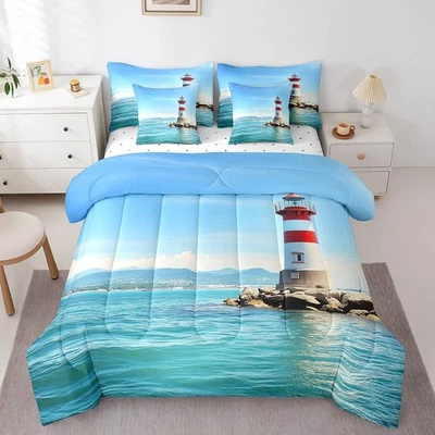 Conjunto de edredom queen size farol náutico cama em uma bolsa 7 peças, cama azul oceano... - Imagem 1 de 4