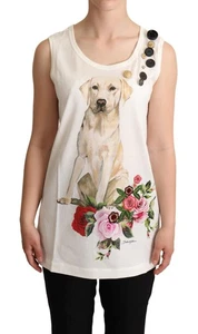 Dolce&Gabbana Women White Tank Top 100% Cotton Dog Floral Print Casual T-Short - Picture 1 of 4