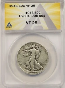 1946 50C ANACS VF 25 (FS-801 DDR-001) Liberty Walking Half Dollar - Picture 1 of 4