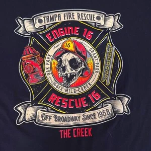 Tampa Fire Rescue Engine 16 Skull Firefighter Shirt XXL Six Mile Creek Tee - Picture 1 of 6