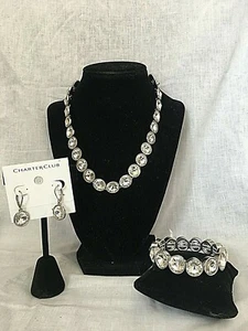 NWT Charter Club Silver-Tone Round Crystal Collar Necklace, Bracelet & Earring - Picture 1 of 1
