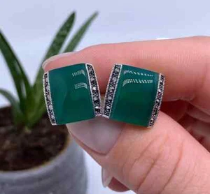 Natural Green Onyx and Marcasite gemstone Cufflink, Sterling silver 925 - Picture 1 of 4