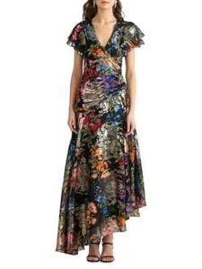 Shoshanna Roxana Asymmetrical Silk-Blend Dress V-neck Size 10, short sleeves NWT - Picture 1 of 4