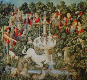 Unicorn at the Fountain Medieval Tapestry Wall Licorne Unicorn Hunt Series 52x52 - Picture 1 of 7