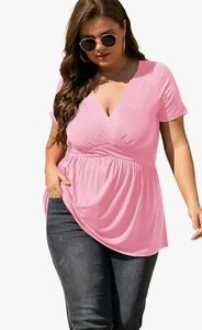 Women’s Plus Size Dressy Tops Wrap Shirt Short Sleeve Tunic Top V Neck Low Cut. - Picture 1 of 4