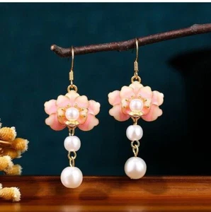 Enamel Pearl Drop Dangle Earrings Boho Flower Dainty Gemstone 18K Gold Plated - Picture 1 of 4