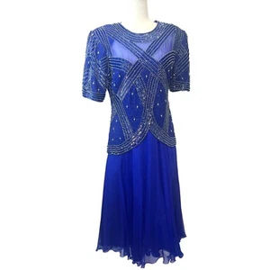 Abito da sera formale Laurence Kazar New York in seta con paillettes blu NUOVO taglia donna - Foto 1 di 13