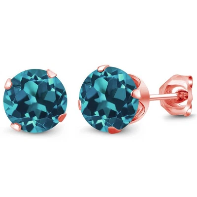3.40 Ct Round 7mm London Blue Topaz 18K Rose Gold Plated Silver Stud Earrings - Image 1 of 4