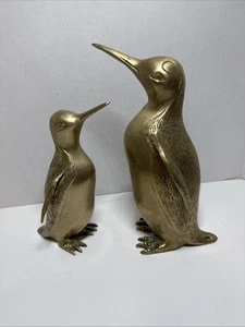 Set of 2 Vintage Solid Brass Penguin Figures Mother Child - Picture 1 of 10