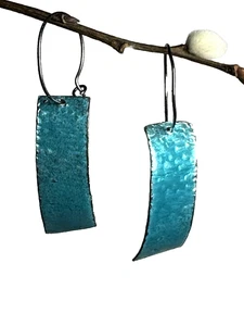 Earrings Enamel Artisan Made Rectangle Turquoise Blue Color Hoops 1.5" x .5" - Picture 1 of 17