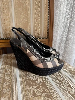 BURBERRY ITCON30LUN BLACK NOVA CHECK WEDGE SANDALS HEELS WOMENS EU 36 22CM - Image 1 of 4