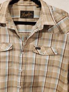 Howler Brothers Men’s Large Snap Western Shirt Tan Blue Plaid Short Sleeve - Picture 1 of 11