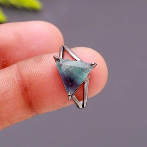 Natural Fluorite Triangle Ring Solid Silver Black Oxidized Vintage Jewelry - Picture 1 of 20