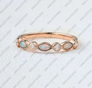 Marquise Cut Opal & Diamond Milgrain Half Eternity Stacking Wedding Band Ring - Picture 1 of 6
