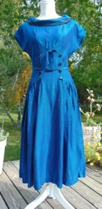 VTG 50S BLUE & BLACK COTTON DROP WAIST FITTED DRESS 28W SEMI FULL SKIRT - Picture 1 of 12