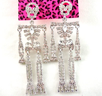3" BETSEY JOHNSON CLEAR RHINESTONE SKELETON HALLOWEEN DROP DANGLE EARRINGS - Image 1 of 4