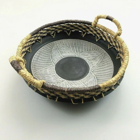 ETHNIC Carved Wood Mandala Bottom Seagrass Basket Bowl 13" Dia Bohemian Decor Cover