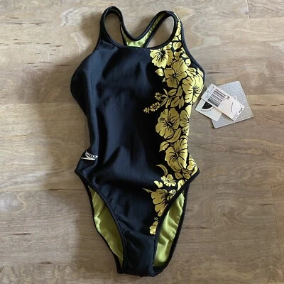 Traje de baño Speedo vintage negro amarillo corte alto trasero de una pieza talla 26 NUEVO Foto 1 de 4