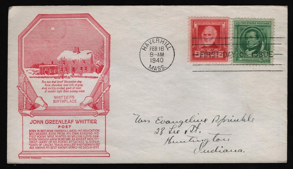 #865 2c John Greenleaf Whittier, Anderson FDC **ANY 5=FREE SHIPPING** - Image 1 of 1