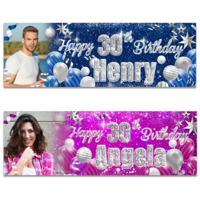 AMAZINGSTICKER Personalised birthday banner photo pink blue boy girl man woman party deocration