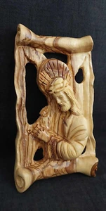 Jesus hält das Kreuz Olivenholz handgeschnitzt Hängemauer Heiliges Land 7,8 * 4,3 Zoll - Bild 1 von 6