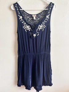 Cape Juby Navy Blue Romper with Lace Back Floral Embroidered Detail Boho Country - Picture 1 of 8