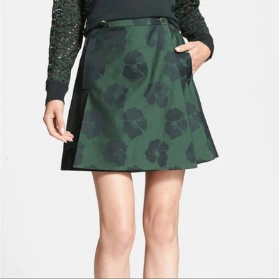 Falda Tory Burch Karina Jacquard Douglas Abeto Verde Negro Floral Algodón Seda Talla 2 Foto 1 de 4