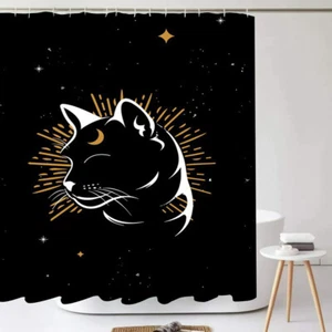 Funny Cat Shower Curtain Star Bathroom Decor with Hooks Black Bath Curtain - Picture 1 of 4