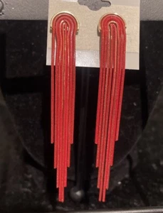 Vintage Rare Gold Tone Red Metal tassel Earrings 3.5 Inch - Picture 1 of 6