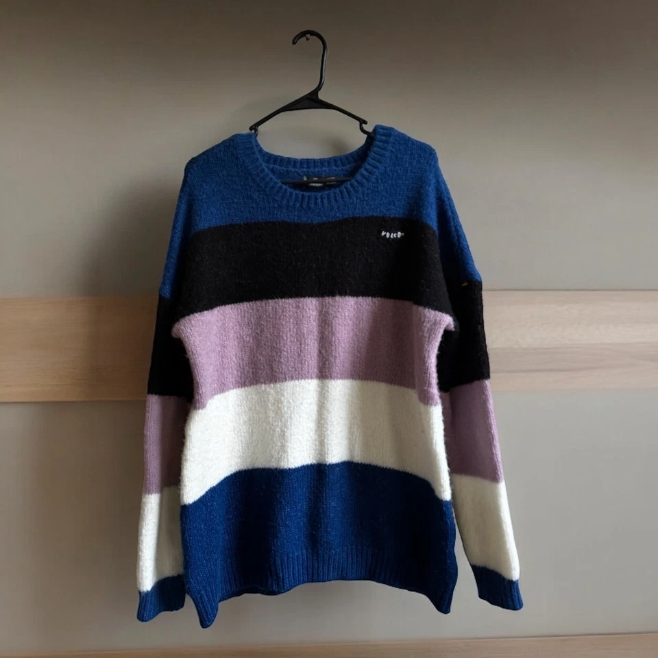 Volcom Sweater Women’s M/L Blue Black Knit Stripe Colorful Oversized Comfy - Image 1 of 4