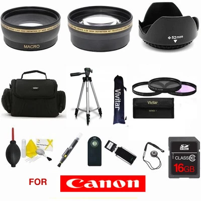 WIDE ANGLE LENS + TELEPHOTO ZOOM LENS 16GB SD CARD KIT FOR CANON EOS REBEL DSLR - Image 1 of 4