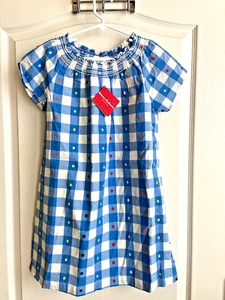NEW Hanna Andersson Dress Blue & White Check Multi Dots Lined Cotton Sz 130 US 8 - Picture 1 of 4
