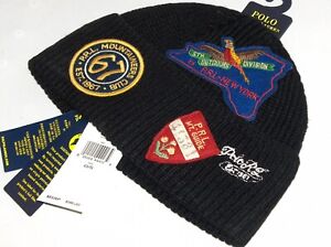 POLO RALPH LAUREN Mens Knit Outdoor Vintage Patch Beanie Hat Skull Ski Cap BLACK