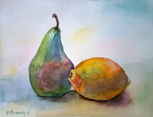 Pear lemon watercolor fruits früchte aquarell impressionism nature still life - Bild 1 von 4