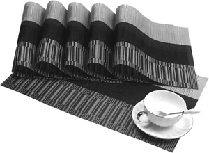Woven Vinyl Placemats for Dining Table Set of 6 Non Slip PVC Bamboo Basket Weave - Picture 1 of 12