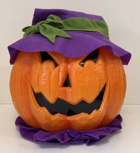 Halloween Pumpkin Blow Mold Illuminated Decoration With Purple Witch Hat - Picture 1 of 13