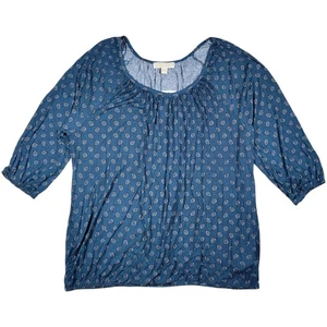 Michael Kors Peasant Blouse Womens Plus 2X Teal Blue Medallion Top 3/4 Sleeve - Picture 1 of 7