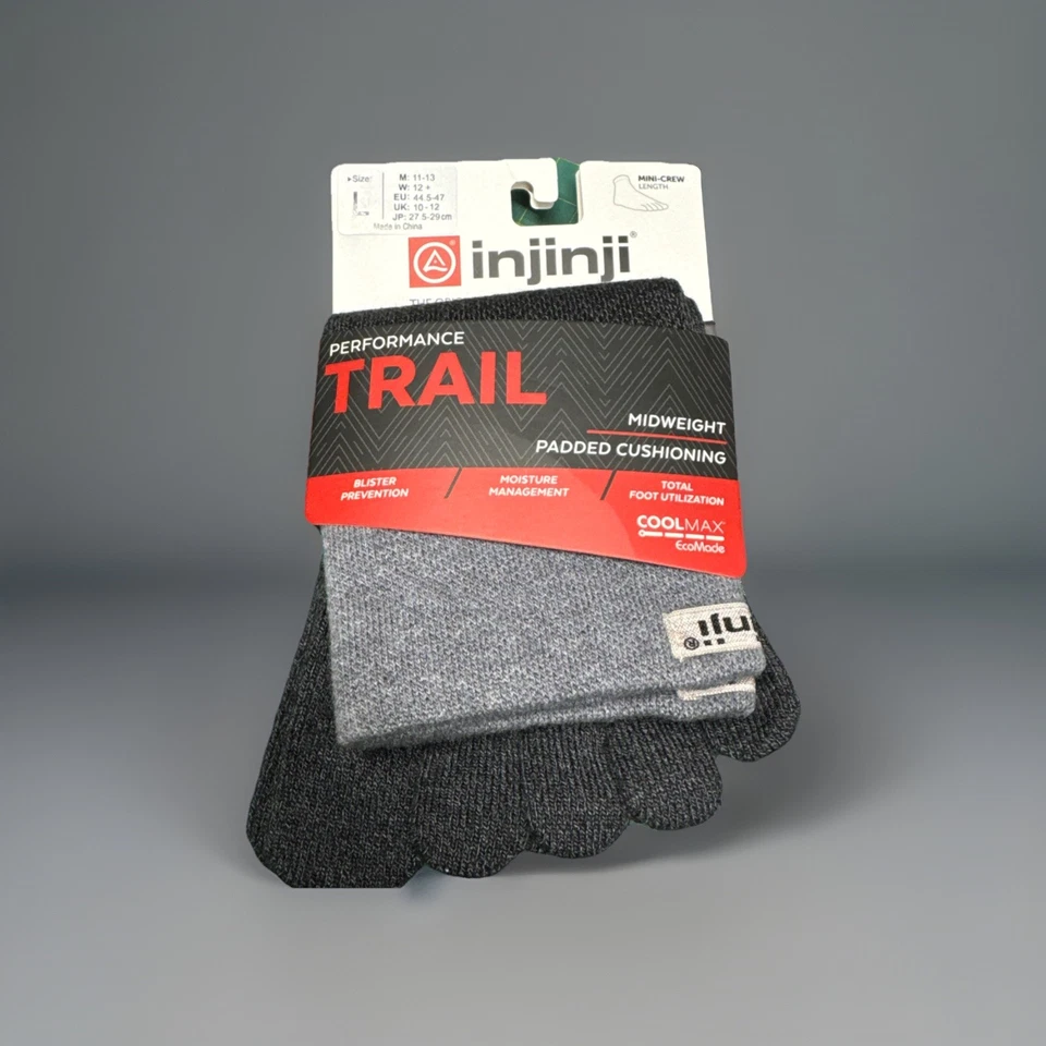 Injinji Trail Midweight Mini-Crew Toe Socks Men’s L Gray COOLMAX Blister Free - Image 1 of 2