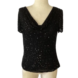 Adrianna Papell Boutique Silk Beaded Black Top Cowl Neckline Women’s Medium - Picture 1 of 9