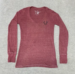 Vintage True Religion Shirt Womens Small Red Burgundy Rhinestones Y2K Grunge USA - Picture 1 of 14