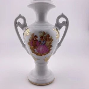 LIMOGES FRANCE WHITE HANDLED VASE VICTORIAN COUPLE & GOLD PORCELAIN 5 5/8” VTG - Picture 1 of 8