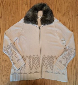 NWT Coldwater Creek Womens XL 16 Beige Cardigan Sweater Faux Fur Collar Zip - Picture 1 of 9