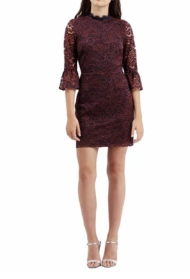 Vestido de encaje floral manga campana azul marino/naranja Topshop para mujer talla 12 Foto 1 de 4