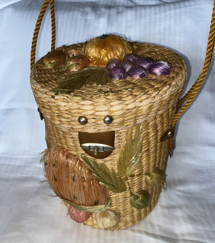 Woven Straw Basket Purse Bag Catch All Fruits Embroidered Raffia Lid Handle Cover