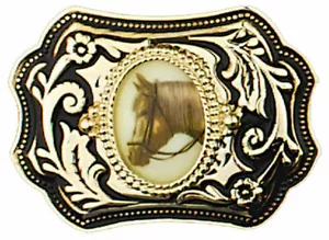 Black and Gold Horsehead BELT BUCKLE 3-1/2 x 2-3/4 - Picture 1 of 1