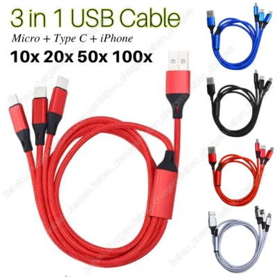 Lot 3A Fast USB Charging Cable Cell Phone Cord Charger Type C Micro USB 3 in1 - Image 1 of 4