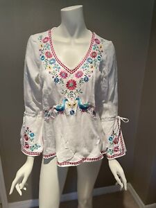 Willi Smith boho embroidered floral peacock tunic Size M