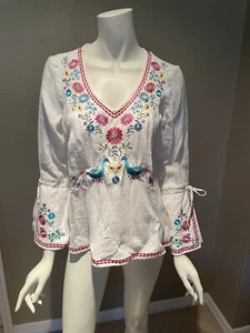 Willi Smith boho embroidered floral peacock tunic Size M - Picture 1 of 5