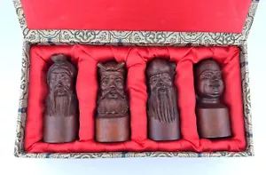 Vintage 4 Stück chinesische handgeschnitzte Holzköpfe - Platzkartenhalter in Box - Bild 1 von 7